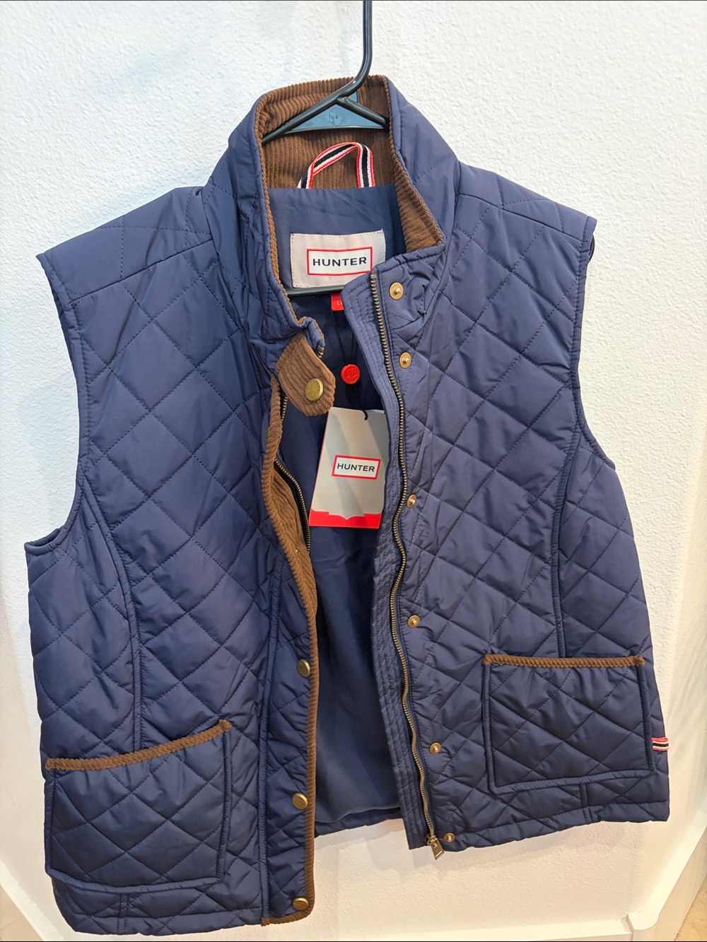 Hunter Quilted Navy Outdoor Vest with Brown Trim